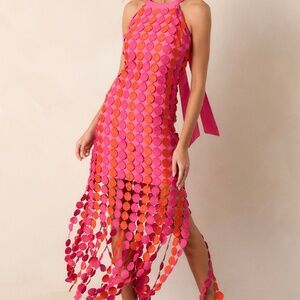 Red Dress Dream Avenue Hot Pink Fringe Halter Top Midi Dress Size LL / Hot Pink